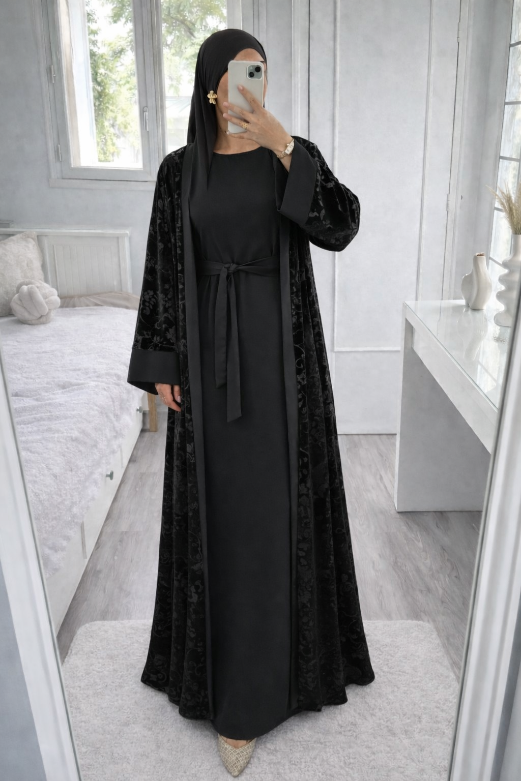 Abaya con kimono de terciopelo Negro