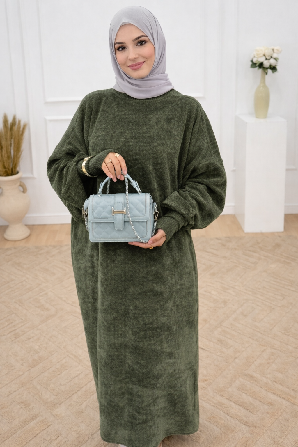 Abaya de pana +guantes verde