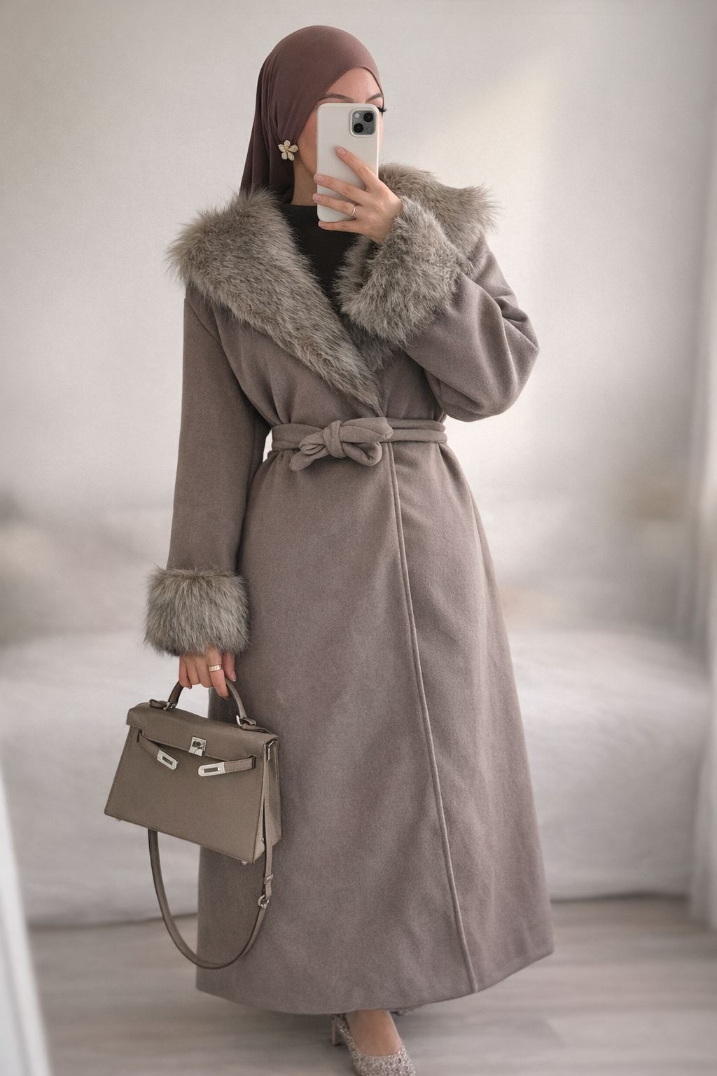 Abrigo largo con cuello y puños de pelo